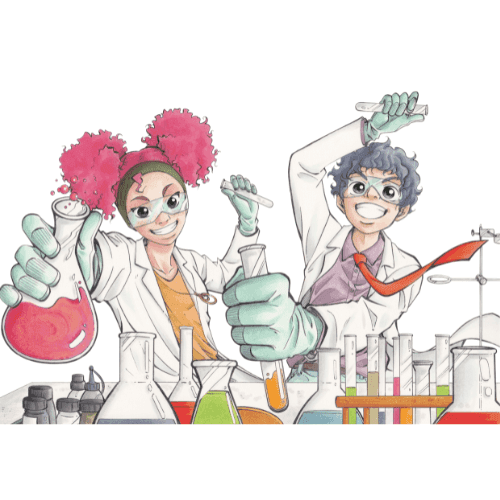 Zwei Chemiker mit Schutzbrillen und Handschuhen experimentieren mit bunten Flüssigkeiten in verschiedenen Laborgefäßen vor einem Labortisch