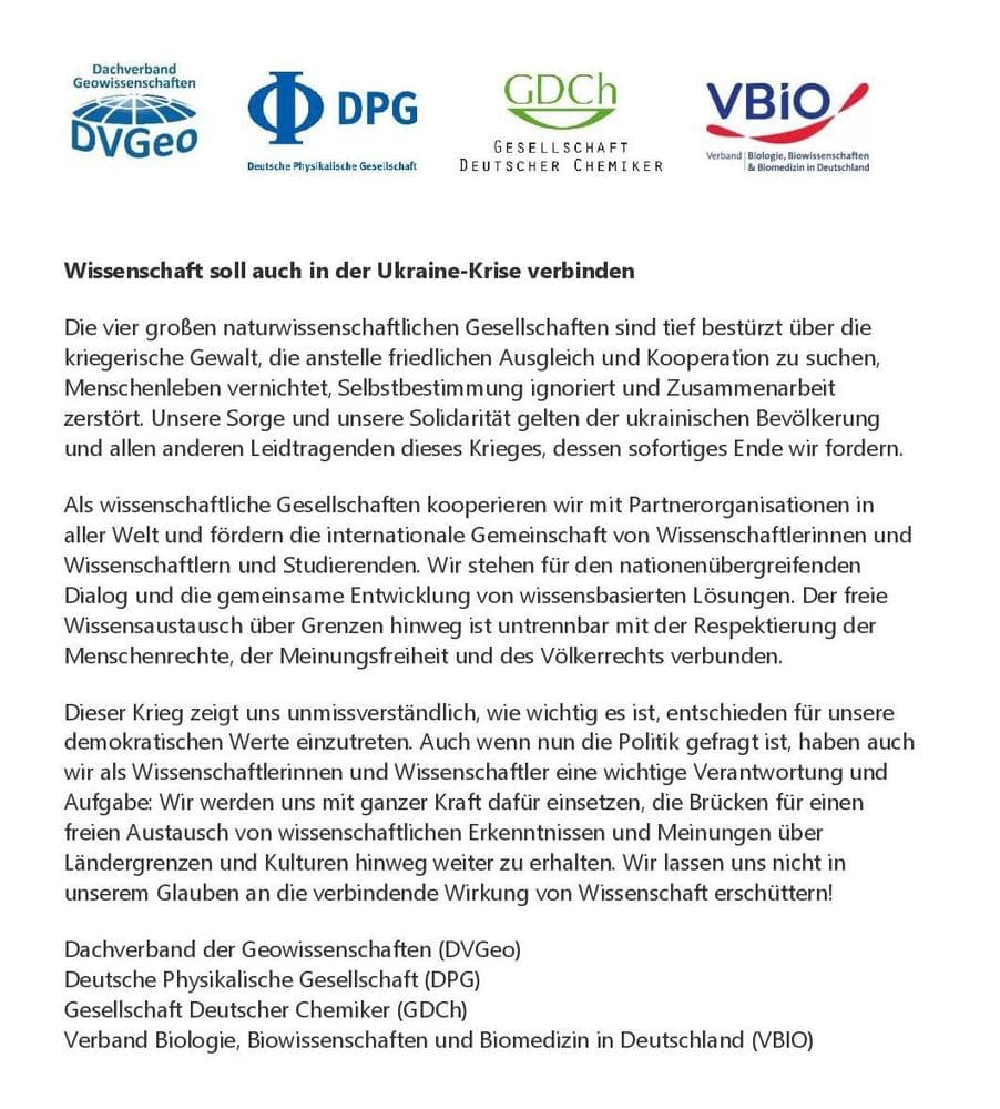 Statement der vier wiss. Gesellschaften zum Ukraine-Krieg