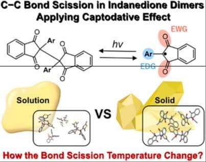Electron Donating Group Effect on C─C Bond Scission Ability of Indanedione Dimers in Their Solution and Solid State