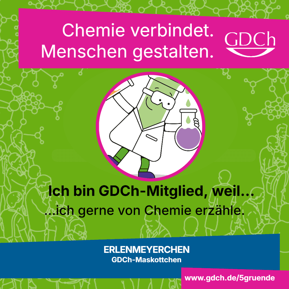 Erlenmeyerchen mit Brille und Laborflasche steht als GDCh-Maskottchen auf einer bunten Infografik mit dem Slogan 'Chemie verbindet. Menschen gestalten.'