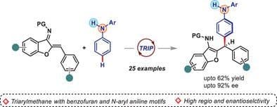 Organocatalytic Regio‐ and Enantioselective Friedel‐Crafts Alkylation of N‐Aryl Anilines with Aurone‐Derived Azadienes: Access to Benzofuran Embedded Triarylmethanes