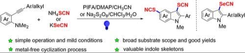 Photoinduced Cascade Cyclization of Ortho‐Alkynylanilines to Access Dithiocyanated or Selenocyanated Indoles