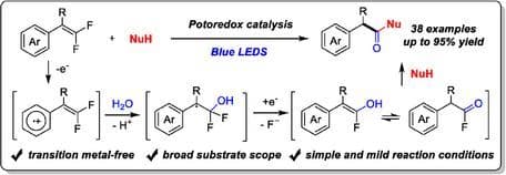 Photoredox‐catalyzed Divergent Defluorofunctionalizations of gem‐difluoroarylalkenes with Nucleophiles to Access α‐arylated Carboxylic Acids and its Derivatives